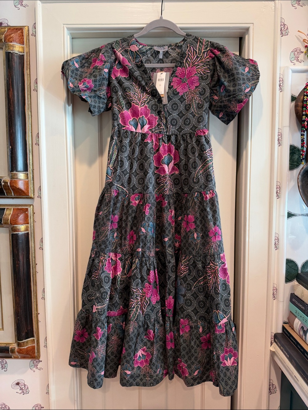 Anthropologie Gray Floral Tiered Midi Dress with Pink Accents